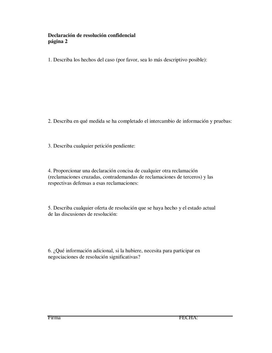 Declaracion De Resolucion Confidencial - Programa De Mediacion Testamentaria - Washington, D.C. (Spanish), Page 2