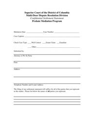 Document preview: Confidential Settlement Statement - Probate Mediation Program - Washington, D.C.