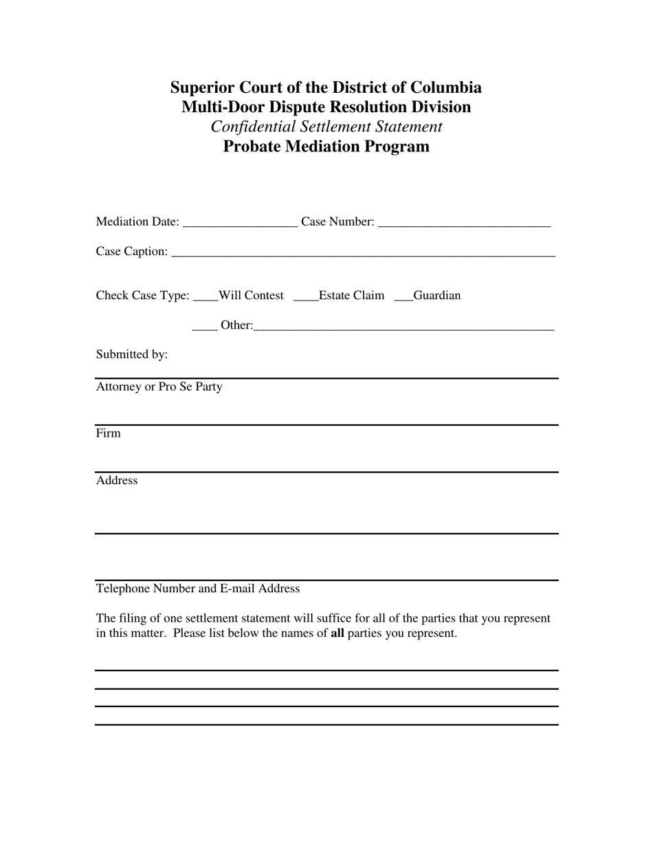 Washington, D.C. Confidential Settlement Statement Probate Mediation