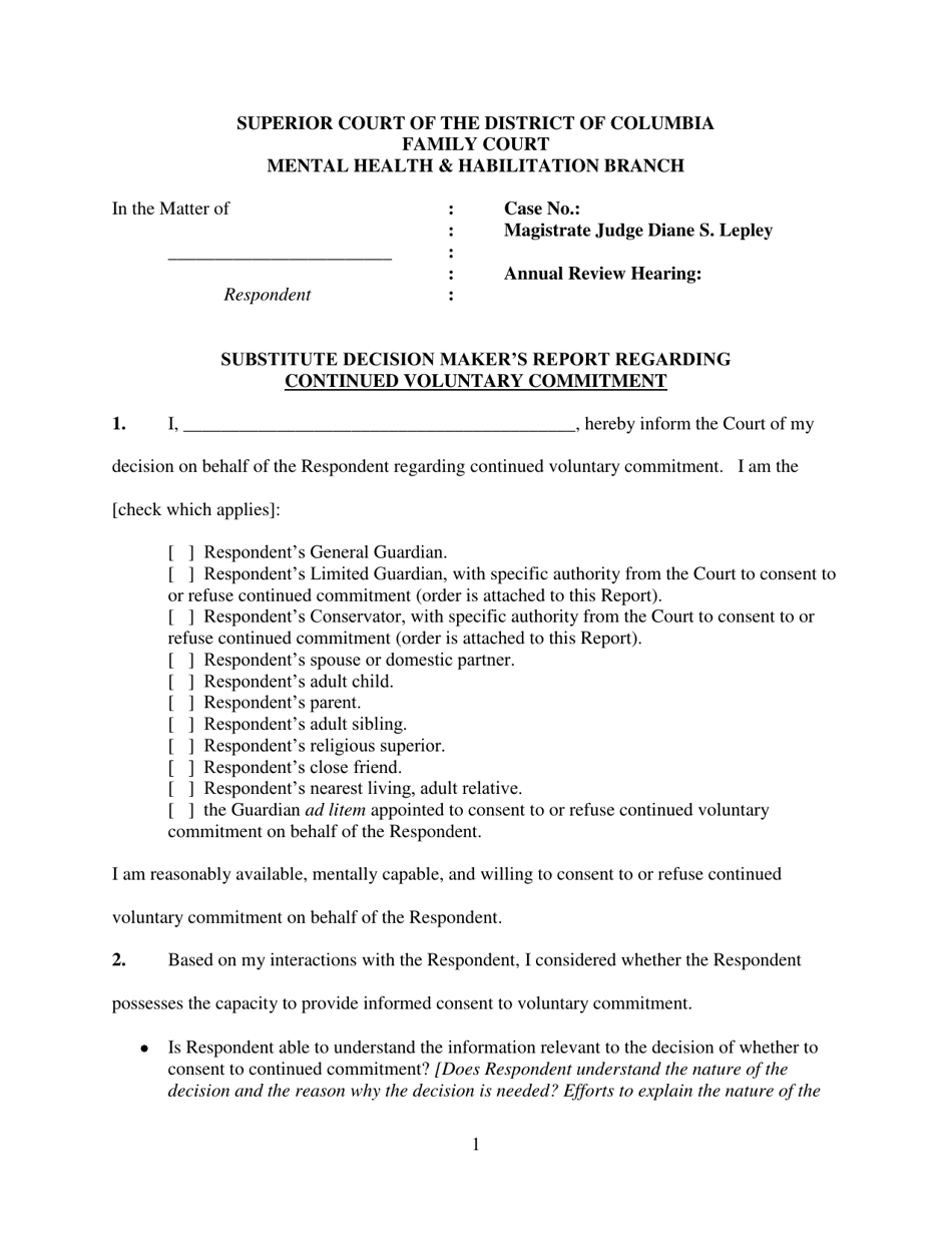 Substitute Decision Makers Report Regarding Continued Voluntary Commitment - Washington, D.C., Page 1