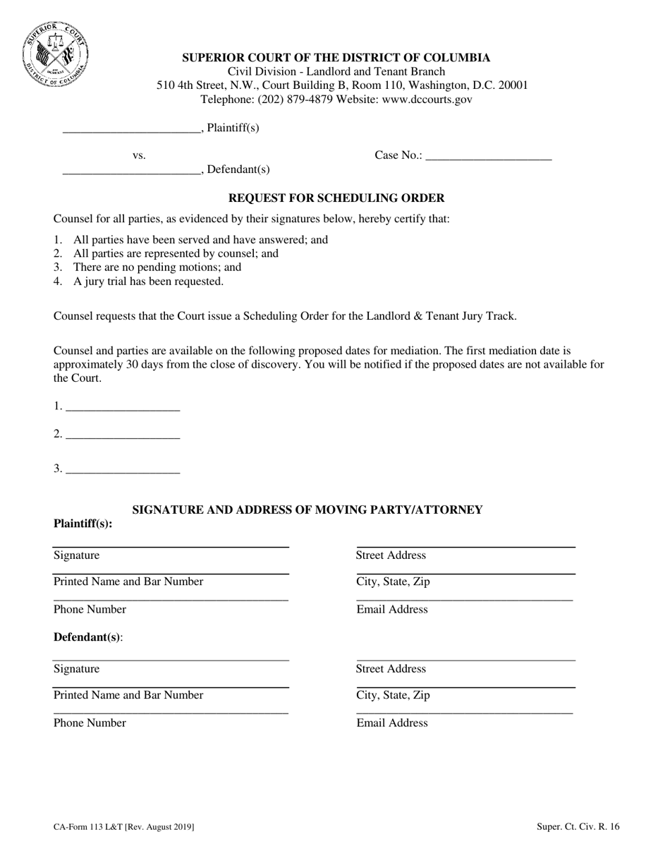Form CA113 LT Request for Scheduling Order - Washington, D.C., Page 1