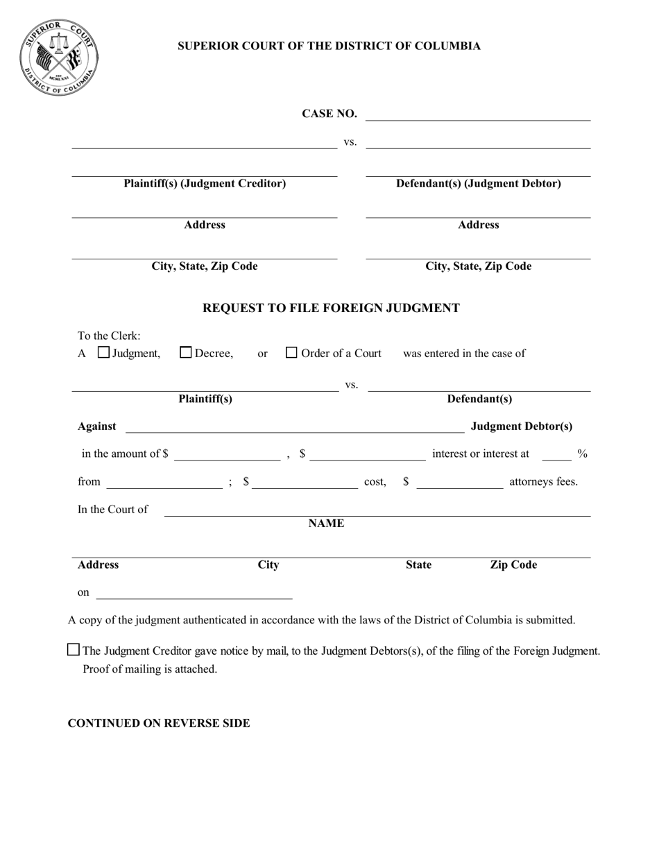 Washington, D.C. Request to File Foreign Judgment Download Fillable PDF ...