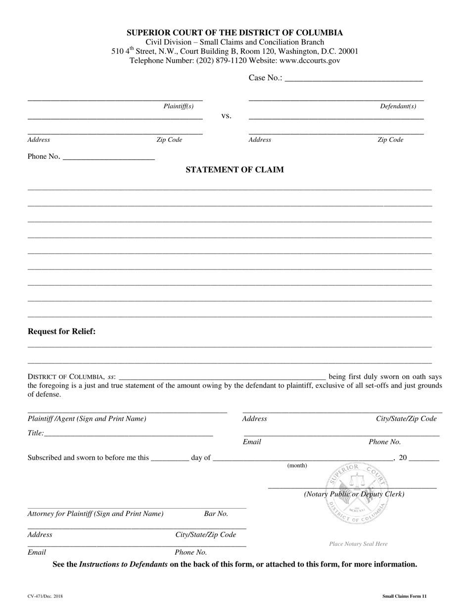 Form CV-471 (Small Claims Form 11) Statement of Claim and Notice - Small Claims - Washington, D.C., Page 1