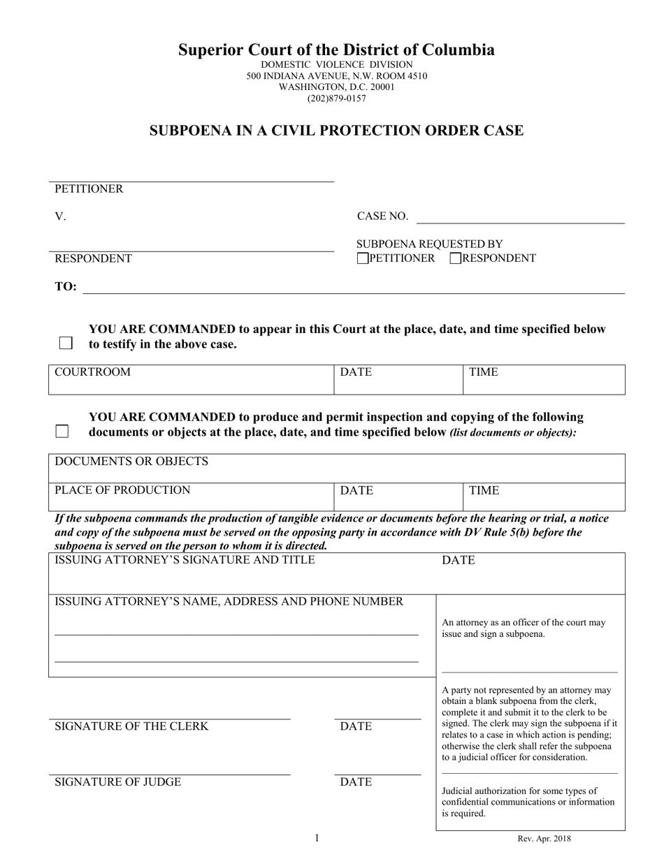 Subpoena in a Civil Protection Order Case - Washington, D.C., Page 1