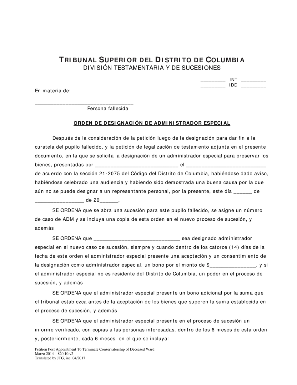 Peticion Luego De Una Designacion Para Dar Fin a La Curatela Del Pupilo Fallecido Y Orden De Designacion De Administrador Especial - Washington, D.C. (Spanish), Page 4