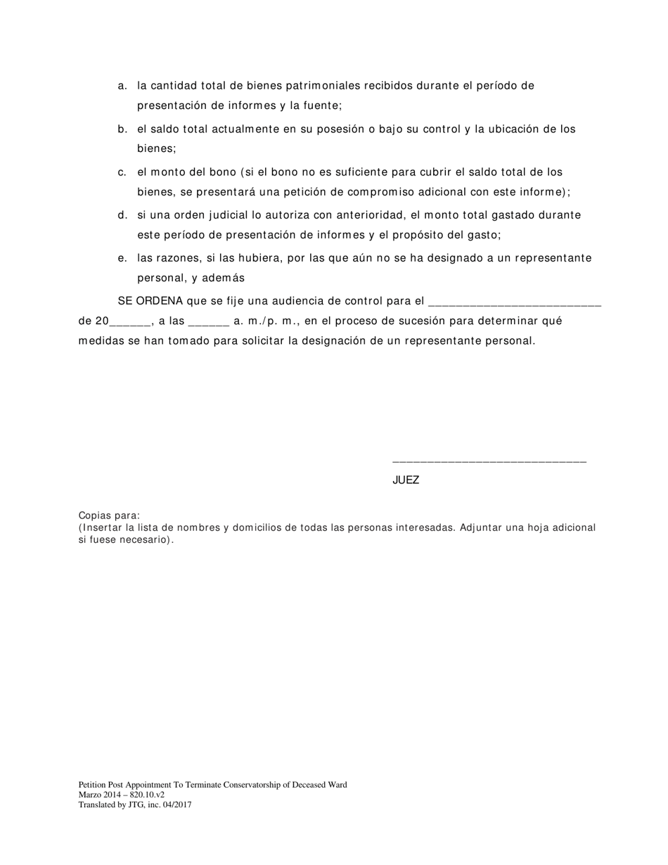 Peticion Luego De Una Designacion Para Dar Fin a La Curatela Del Pupilo Fallecido Y Orden De Designacion De Administrador Especial - Washington, D.C. (Spanish), Page 5
