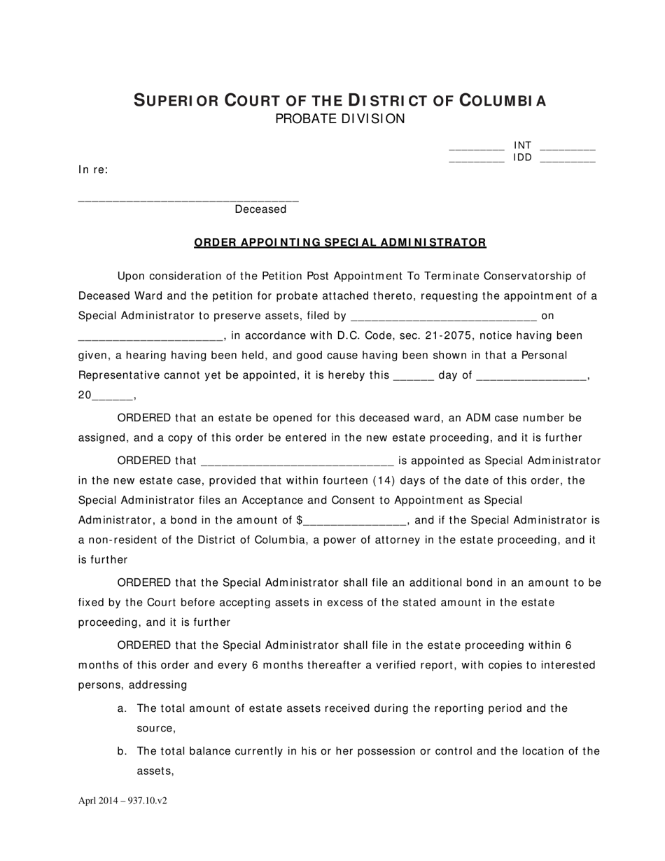 Petition Post Appointment to Terminate Conservatorship of Deceased Ward and Order Appointing Special Administrator and Notice of Hearing on Subsequent Petition - Washington, D.C., Page 4