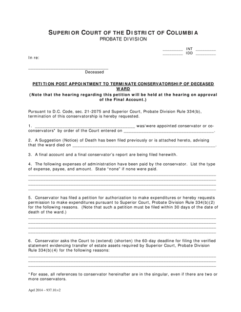 Petition Post Appointment to Terminate Conservatorship of Deceased Ward and Order Appointing Special Administrator and Notice of Hearing on Subsequent Petition - Washington, D.C. Download Pdf