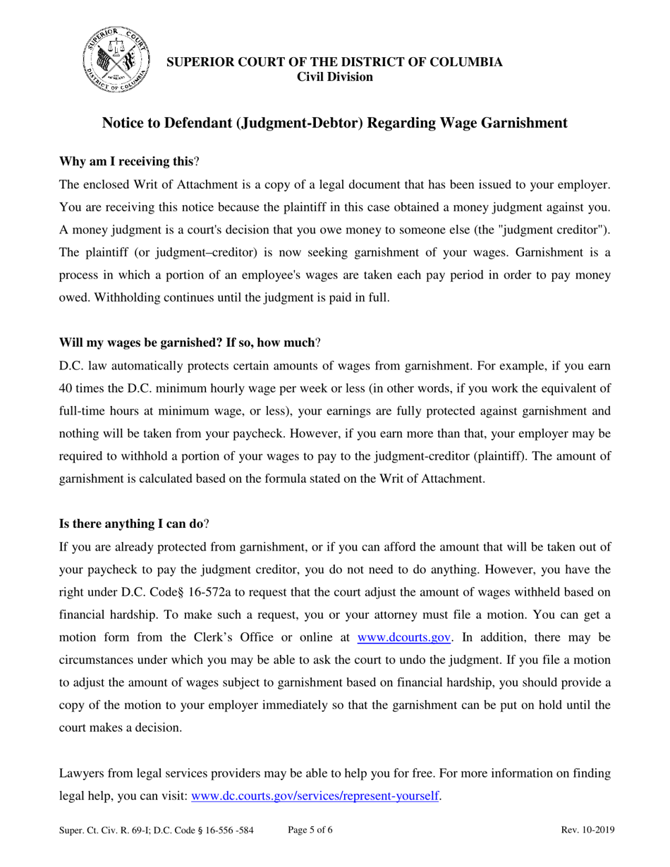 Writ of Attachment on a Judgment (Garnishment of Wages, Earnings, Salary, Commissions, and Pensions) - Washington, D.C., Page 5
