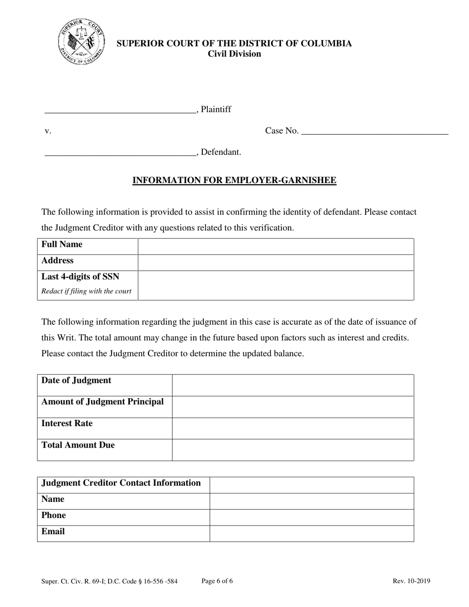 Writ of Attachment on a Judgment (Garnishment of Wages, Earnings, Salary, Commissions, and Pensions) - Washington, D.C., Page 6