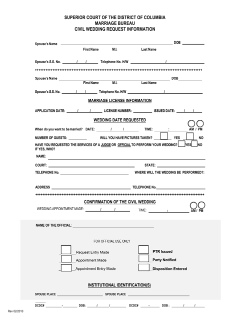 Civil Wedding Request Information - Washington, D.C. Download Pdf