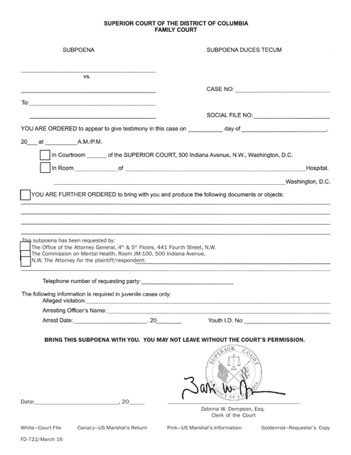 Form FD-722 Subpoena - Family Court (With Seal) - Washington, D.C.