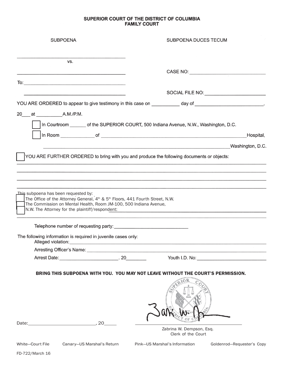 Form FD-722 Subpoena - Family Court (With Seal) - Washington, D.C., Page 1
