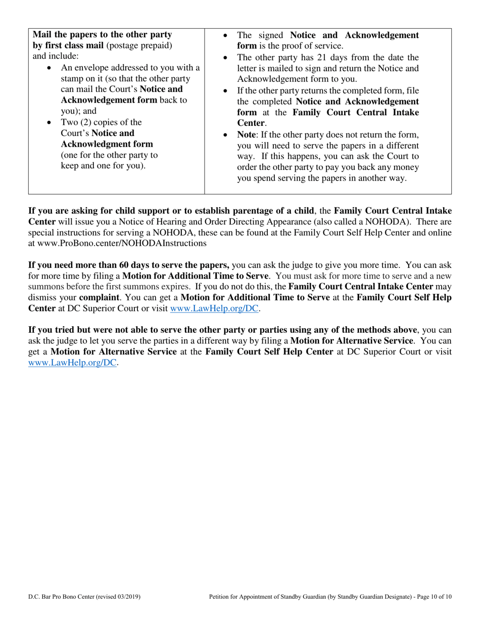 Petition for Appointment of Standby Guardian (By Standby Guardian Designate) - Washington, D.C., Page 10