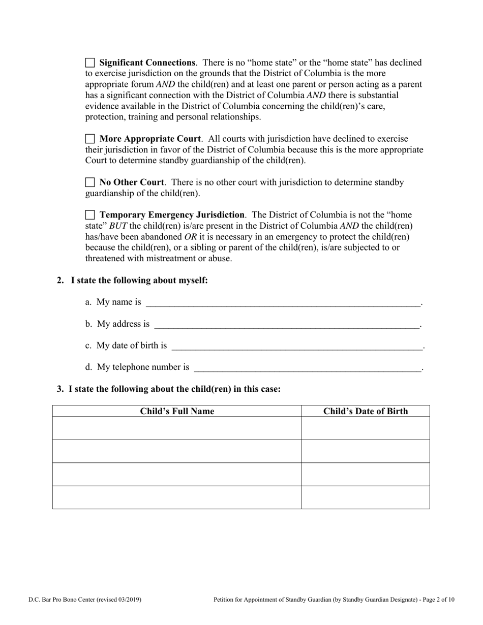 Petition for Appointment of Standby Guardian (By Standby Guardian Designate) - Washington, D.C., Page 2