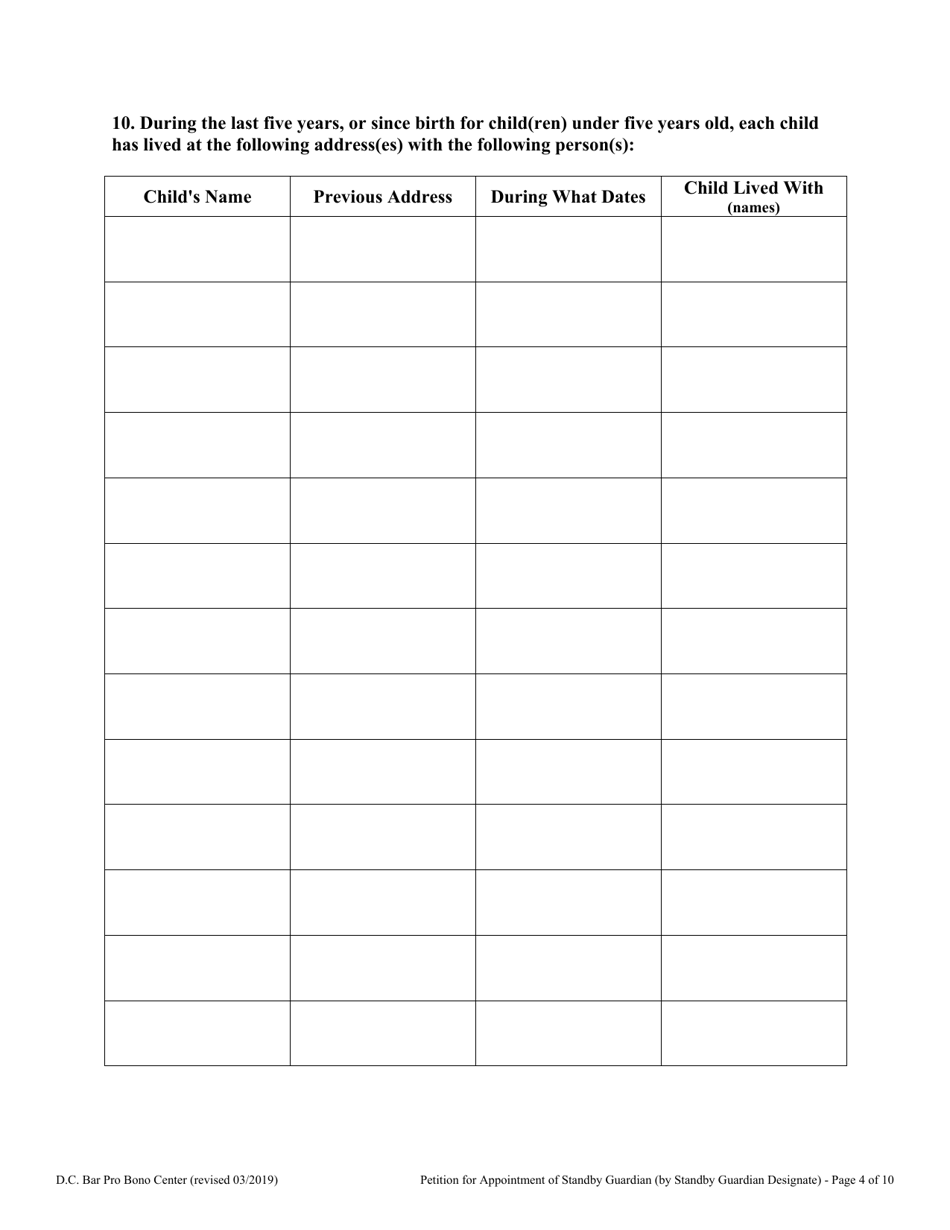 Petition for Appointment of Standby Guardian (By Standby Guardian Designate) - Washington, D.C., Page 4