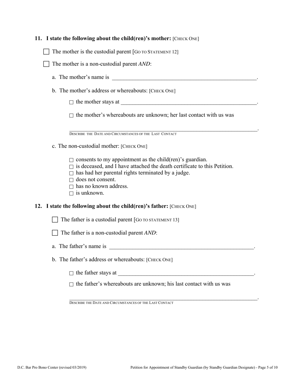 Petition for Appointment of Standby Guardian (By Standby Guardian Designate) - Washington, D.C., Page 5