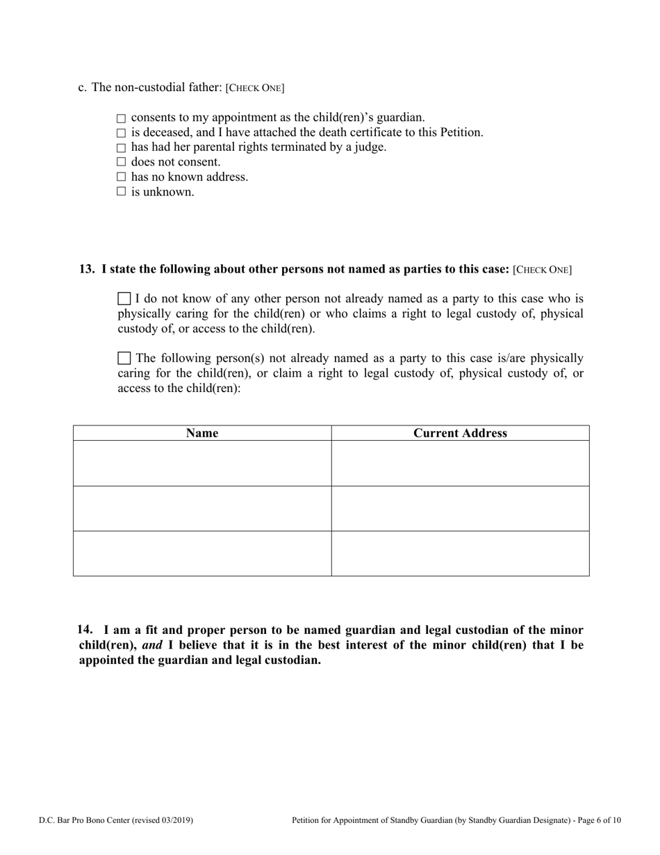 Petition for Appointment of Standby Guardian (By Standby Guardian Designate) - Washington, D.C., Page 6