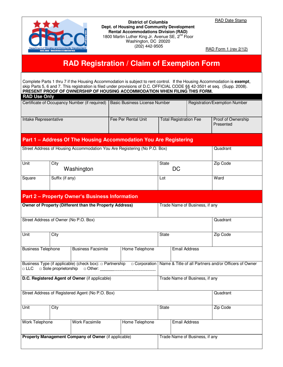 RAD Form 1 Rad Registration / Claim of Exemption Form - Washington, D.C., Page 1