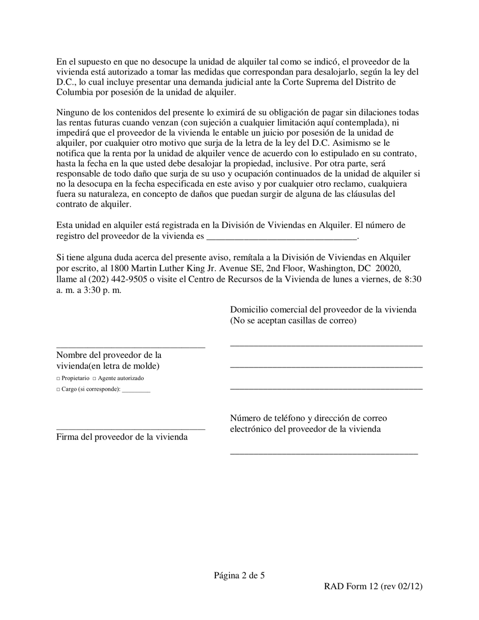 RAD Formulario 12 Aviso Para Desalojar En 90 Dias Para Uso Y Ocupacion Personal - Washington, D.C. (Spanish), Page 2