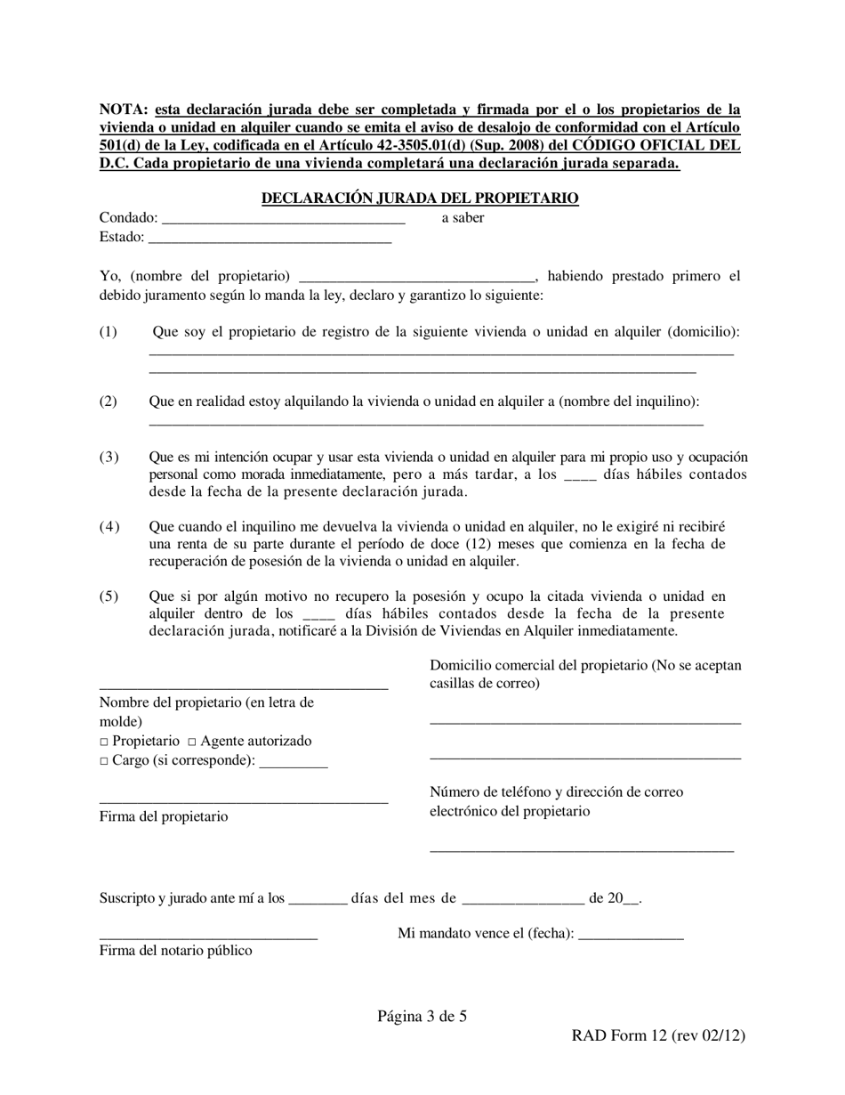 RAD Formulario 12 Aviso Para Desalojar En 90 Dias Para Uso Y Ocupacion Personal - Washington, D.C. (Spanish), Page 3