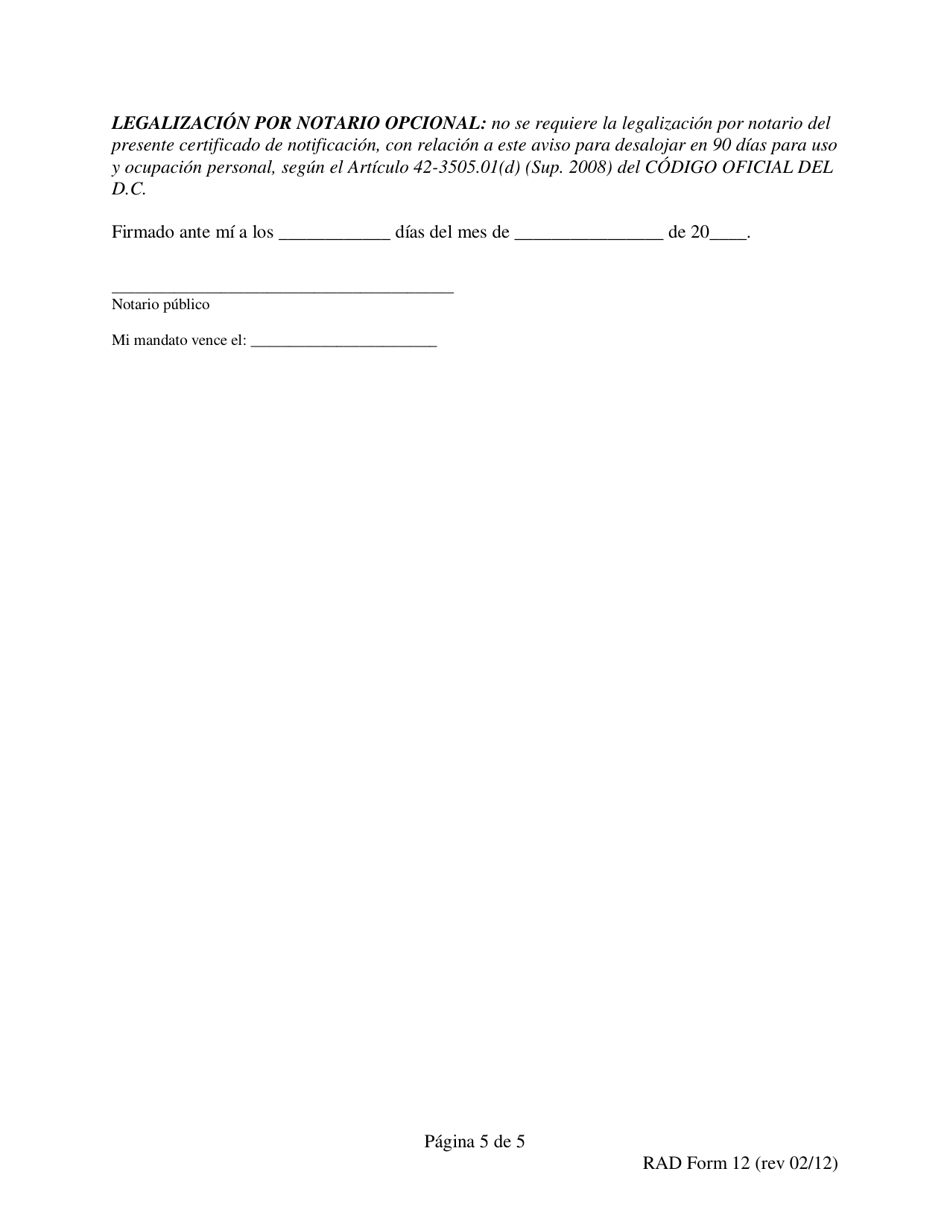 RAD Formulario 12 Aviso Para Desalojar En 90 Dias Para Uso Y Ocupacion Personal - Washington, D.C. (Spanish), Page 5