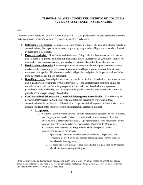 Acuerdo Para Tener Una Mediacion - Washington, D.C. (Spanish) Download Pdf
