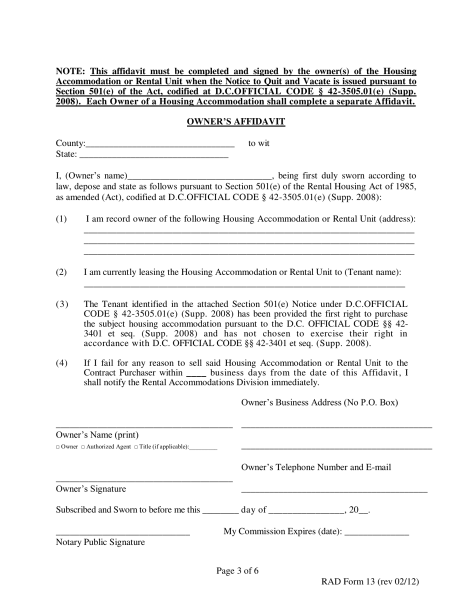 RAD Form 13 90 Day Notice to Vacate for Personal Use and Occupancy of a Contract Purchaser - Washington, D.C., Page 3