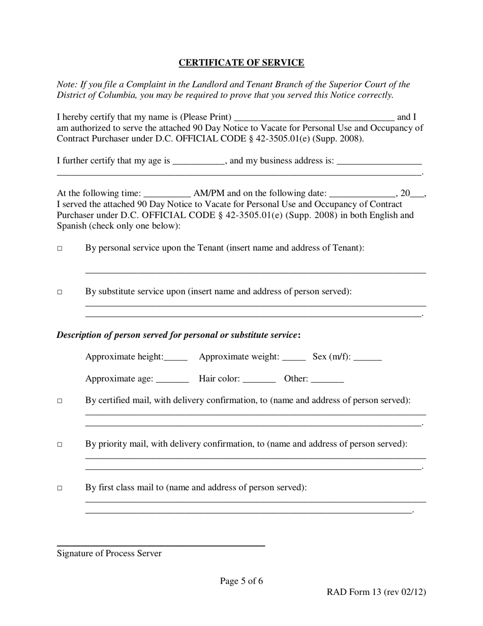 RAD Form 13 90 Day Notice to Vacate for Personal Use and Occupancy of a Contract Purchaser - Washington, D.C., Page 5