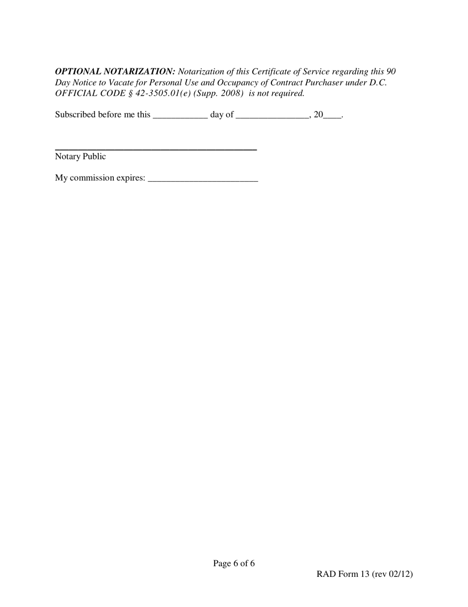 RAD Form 13 90 Day Notice to Vacate for Personal Use and Occupancy of a Contract Purchaser - Washington, D.C., Page 6