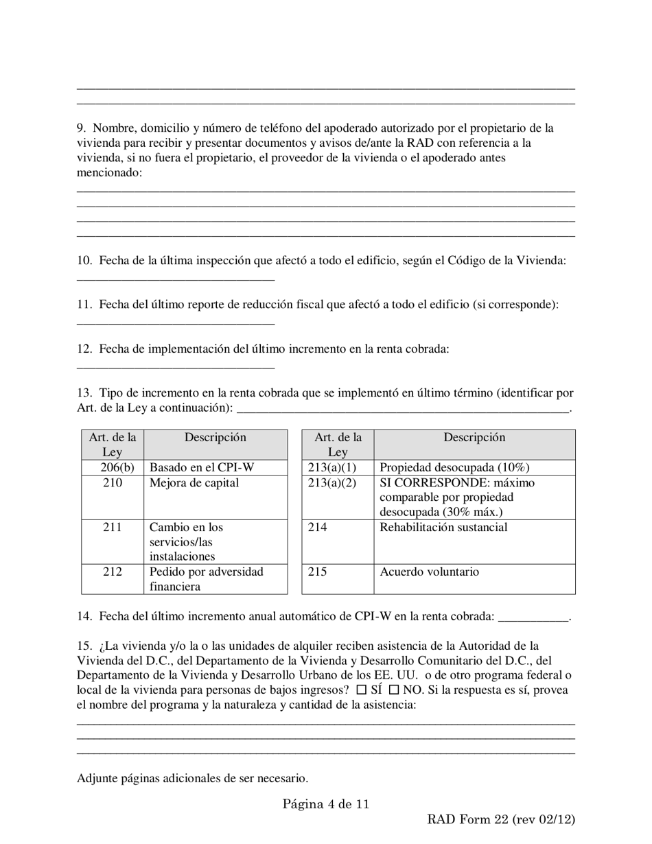 RAD Formulario 22 Pedido De Acuerdo Voluntario Del 70% - Washington, D.C. (Spanish), Page 4