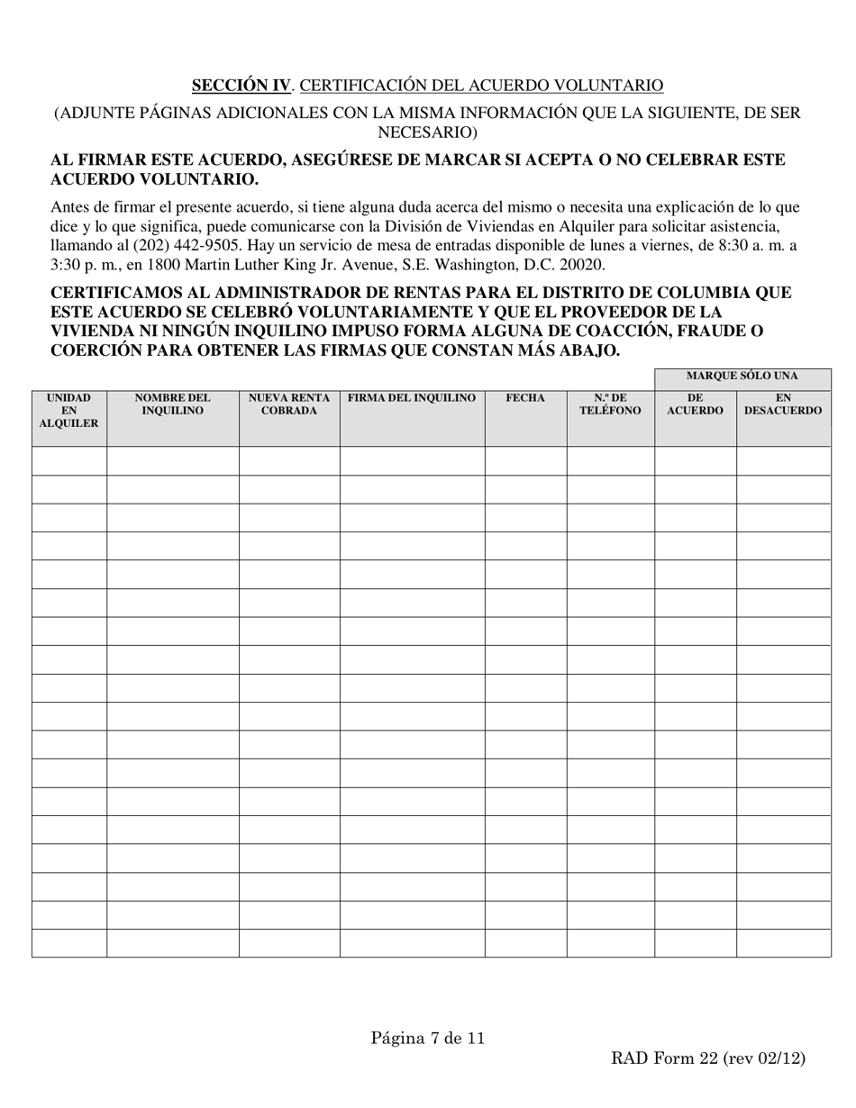 RAD Formulario 22 Pedido De Acuerdo Voluntario Del 70% - Washington, D.C. (Spanish), Page 7