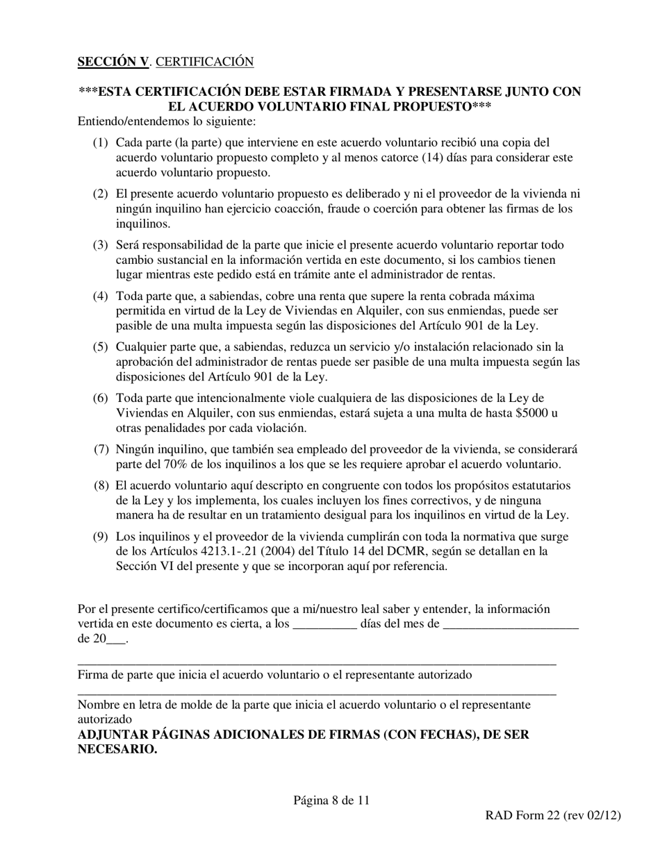 RAD Formulario 22 Pedido De Acuerdo Voluntario Del 70% - Washington, D.C. (Spanish), Page 8