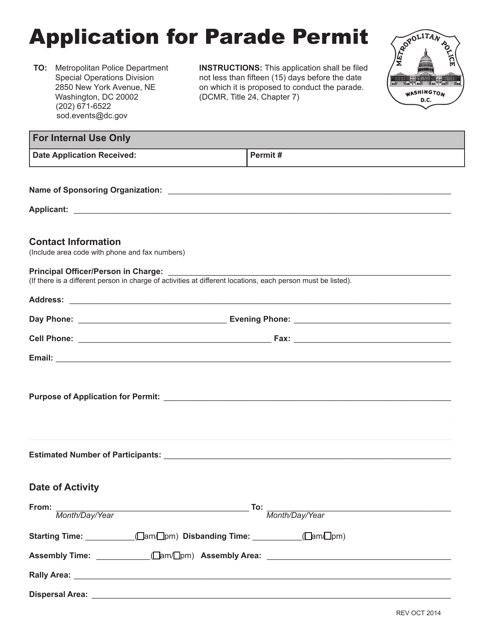 Application for Parade Permit - Washington, D.C. Download Pdf
