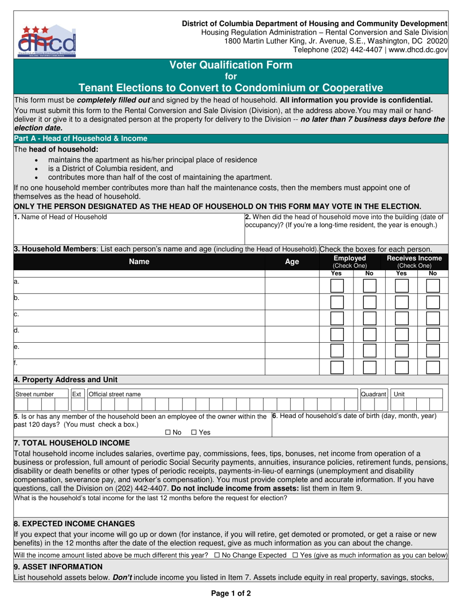 Voter Qualification Form for Tenant Elections to Convert to Condominium or Cooperative - Washington, D.C., Page 1