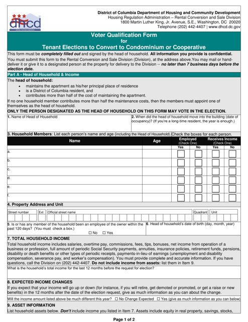 Voter Qualification Form for Tenant Elections to Convert to Condominium or Cooperative - Washington, D.C. Download Pdf
