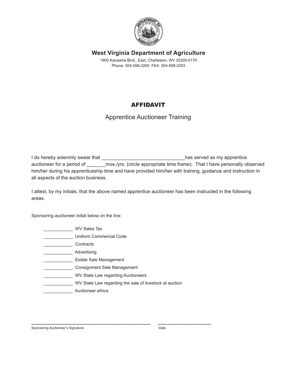 Apprentice Auctioneer Training Affidavit - West Virginia, Page 1