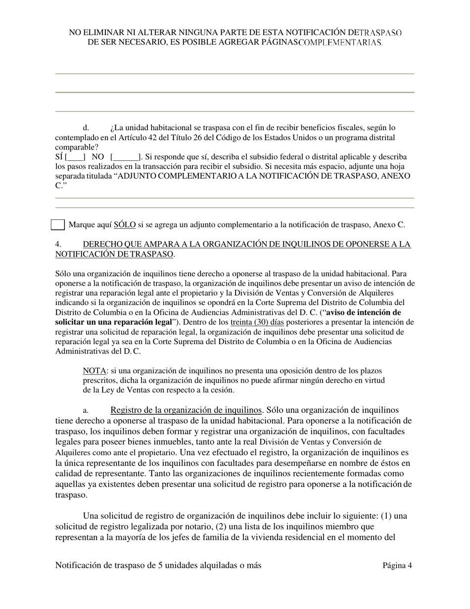 Notificacion De Traspaso De Dominio O De Un Derecho Economico En Una Vivienda Con Cinco (5) O Mas Unidades De Alquiler - Washington, D.C. (Spanish), Page 14