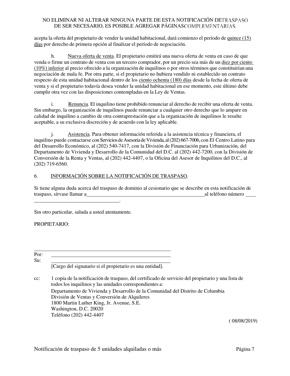 Notificacion De Traspaso De Dominio O De Un Derecho Economico En Una Vivienda Con Cinco (5) O Mas Unidades De Alquiler - Washington, D.C. (Spanish), Page 17
