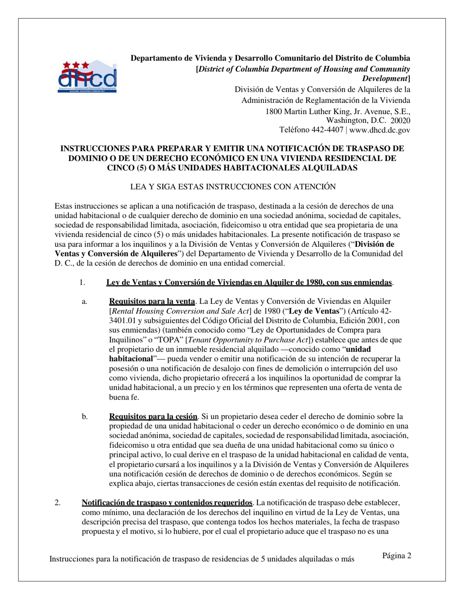 Notificacion De Traspaso De Dominio O De Un Derecho Economico En Una Vivienda Con Cinco (5) O Mas Unidades De Alquiler - Washington, D.C. (Spanish), Page 2