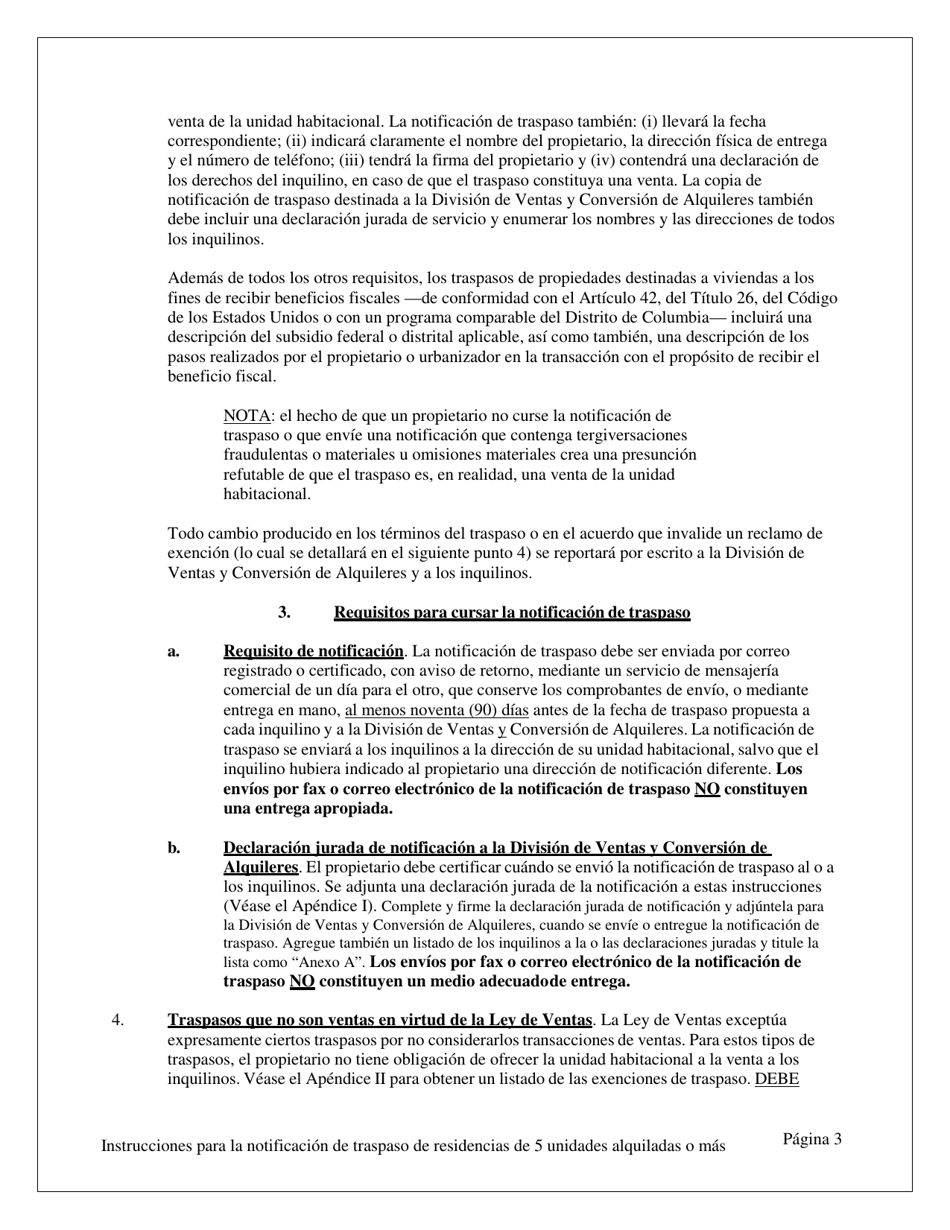 Notificacion De Traspaso De Dominio O De Un Derecho Economico En Una Vivienda Con Cinco (5) O Mas Unidades De Alquiler - Washington, D.C. (Spanish), Page 3