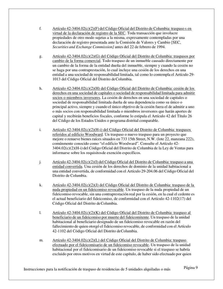 Notificacion De Traspaso De Dominio O De Un Derecho Economico En Una Vivienda Con Cinco (5) O Mas Unidades De Alquiler - Washington, D.C. (Spanish), Page 9