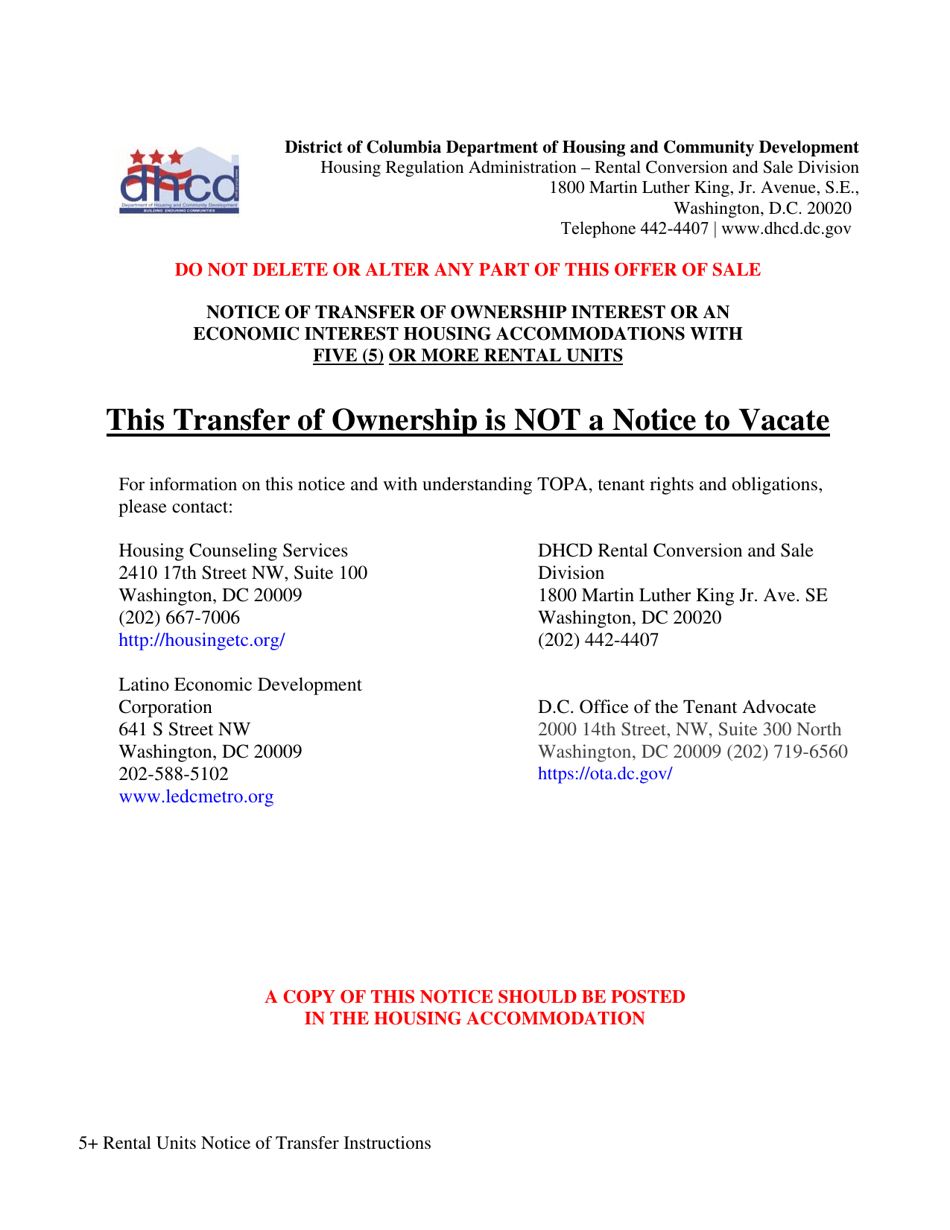 Notice of Transfer of Ownership Interest or an Economic Interest Housing Accommodations With Five (5) or More Rental Units - Washington, D.C., Page 1