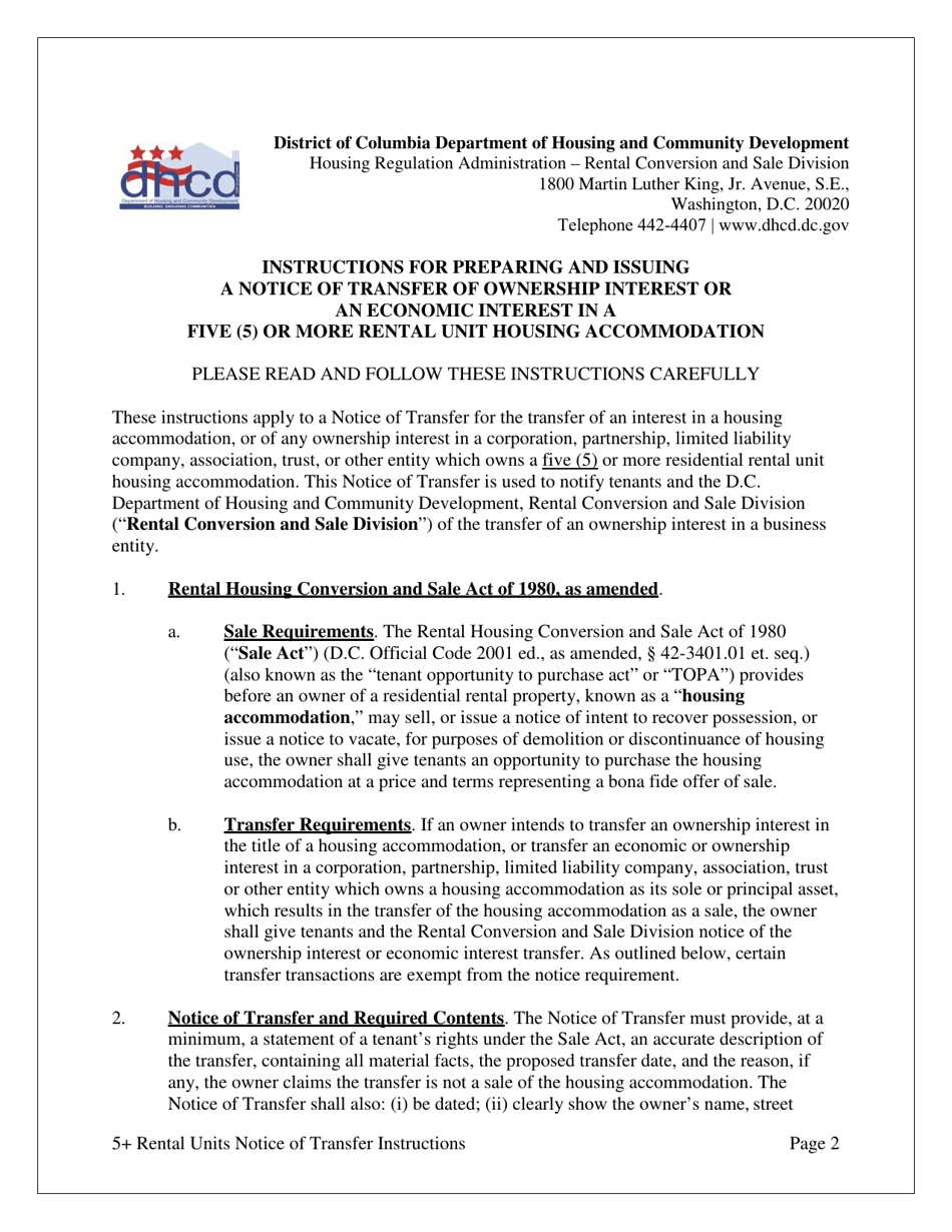 Notice of Transfer of Ownership Interest or an Economic Interest Housing Accommodations With Five (5) or More Rental Units - Washington, D.C., Page 2