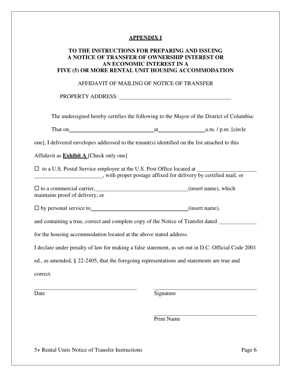 Notice of Transfer of Ownership Interest or an Economic Interest Housing Accommodations With Five (5) or More Rental Units - Washington, D.C., Page 6