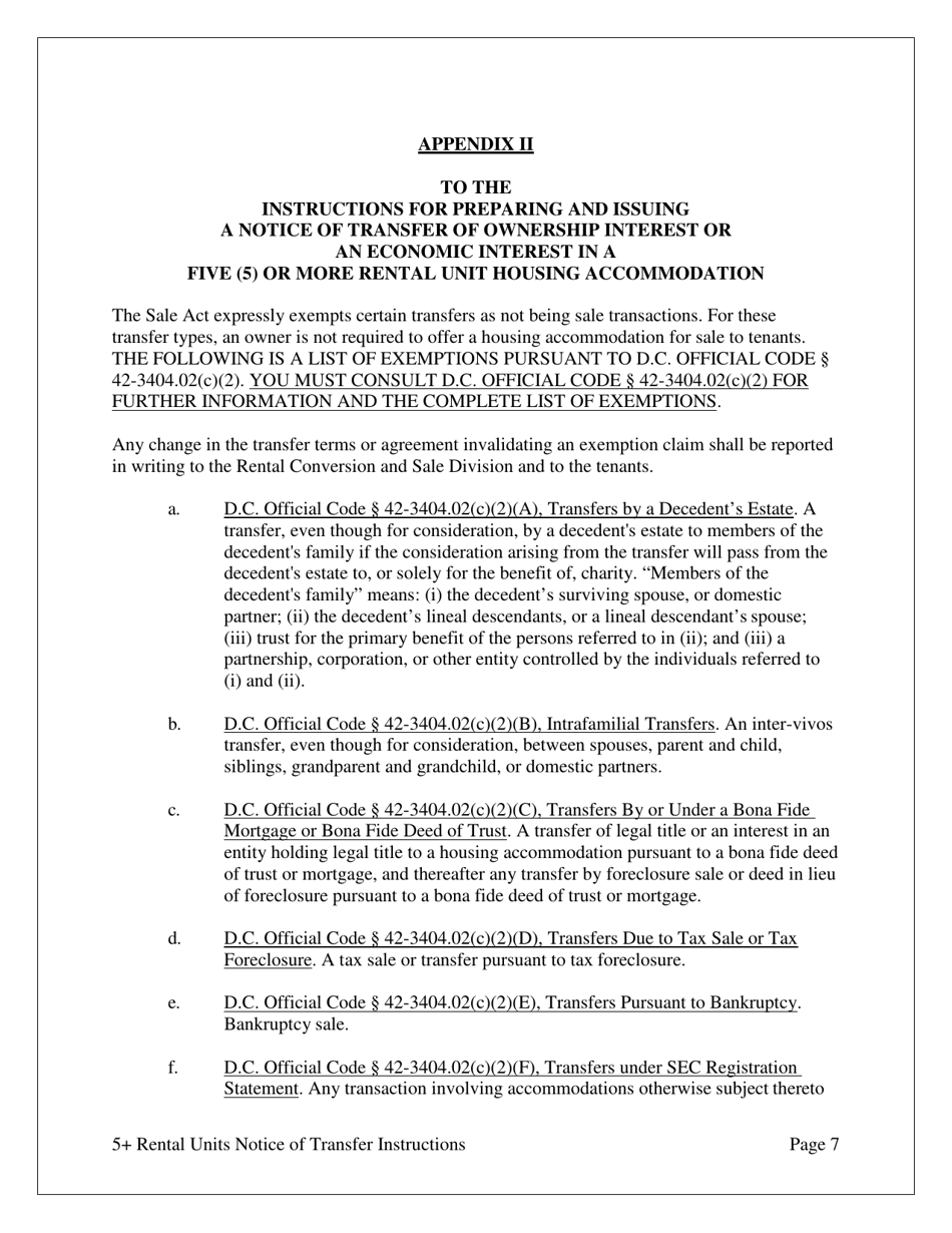 Notice of Transfer of Ownership Interest or an Economic Interest Housing Accommodations With Five (5) or More Rental Units - Washington, D.C., Page 7