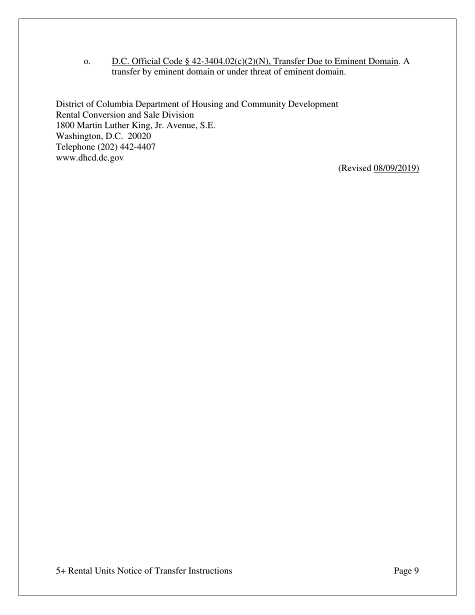 Notice of Transfer of Ownership Interest or an Economic Interest Housing Accommodations With Five (5) or More Rental Units - Washington, D.C., Page 9