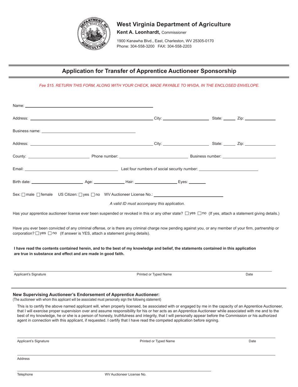 Application for Transfer of Apprentice Auctioneer Sponsorship - West Virginia, Page 1