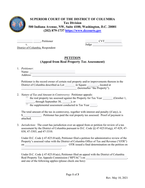 Petition (Appeal From Real Property Tax Assessment) - Washington, D.C. Download Pdf