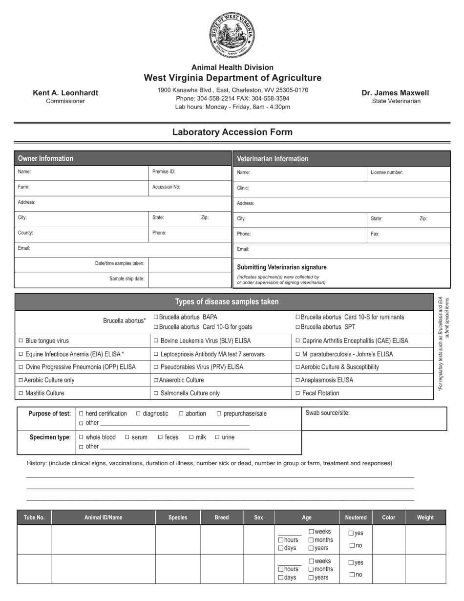 West Virginia Charleston/Guthrie Laboratory Accession Form Fill Out
